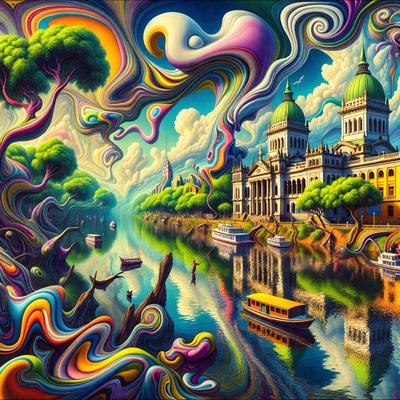 The primary subject of the image is a boat floating on a river, surrounded by a vibrant and colorful landscape. The setting includes a city with a large building, a castle, and a tree. The visual style of the image is a combination of digital art and illustration, creating a unique and captivating scene. The colors and mood of the image are lively and energetic, with a strong focus on the boat and the surrounding environment.